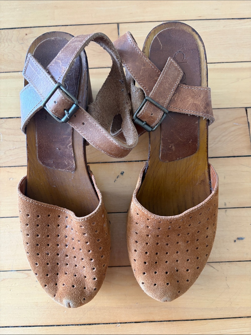 Italian Women’s Perforated Suede Ankle-Strap clogs - Brown